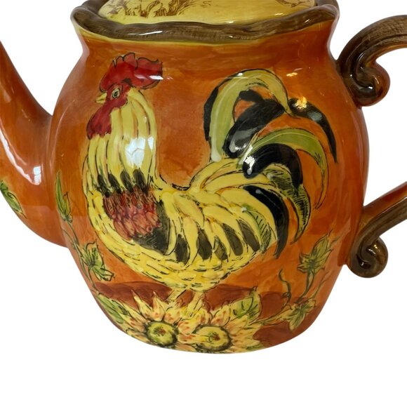Maxera Teapot Orange Rooster Sunflower Ruffled Hand Painted Pottery Retired - Picture 3 of 10